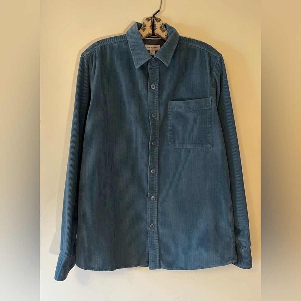 SUN + STONE blue corduroy button down shirt jacket shacket
